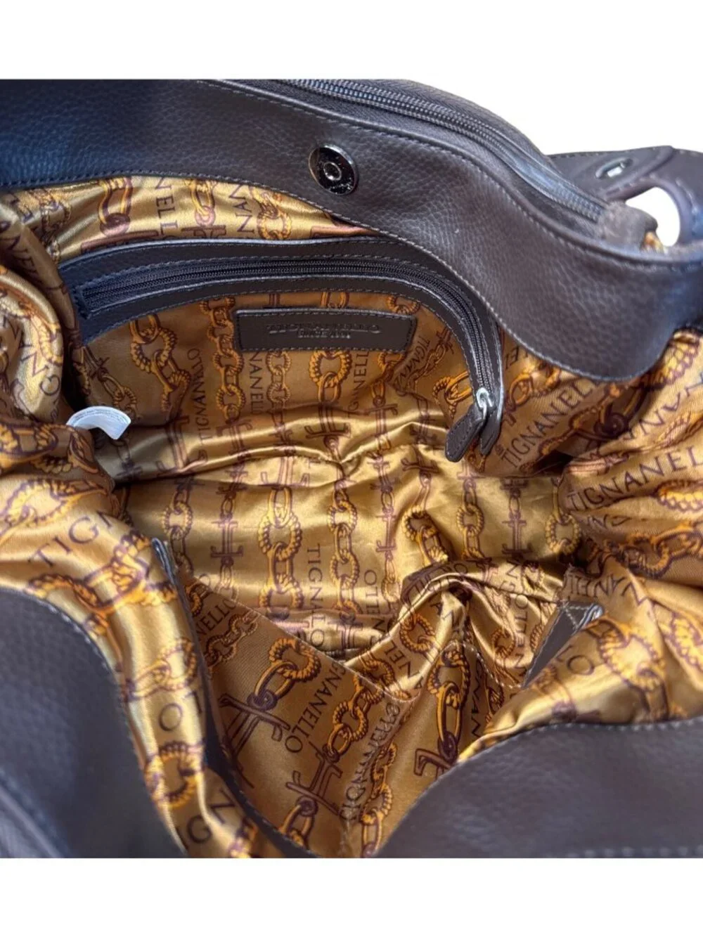 Tignanello Brown Suede & Leather Hobo Shoulder Bag W/Gold Interior Lining